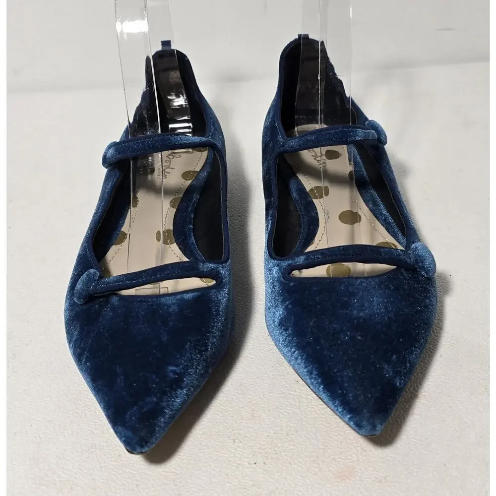 BODEN Women's Velvet Mary Jane Blue Button Accents Pointed Toe Sz 36
